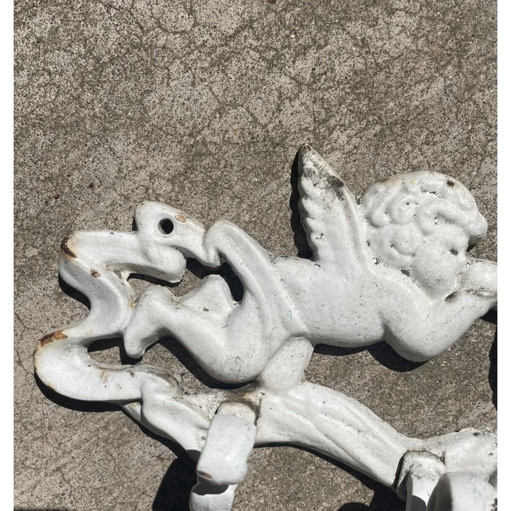 Vintage Ornate Cherub Wall Decoration Painted White Cast Wrought Iron Hook Metal
